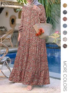 Women's Ditsy Floral Print Long Sleeve Tunic Modest Style Dress, Casual Round Neck Dress for Holiday Vacation Daily Wear, Ladies Clothes for All Seasons, Muslim Dress