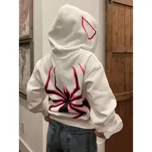Women's Spider Print Zip Up Drop Shoulder Hoodie, Long Sleeve, Casual Halloween Letter Print Kangaroo Pocket Hooded Sweatshirt for Daily Holiday Outdoor Wear, Graphic Hoodie, Fall Tops 2024, Birthday Gifts, Sp5der Hoodie Womenswear