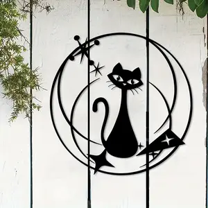 1 Piece Atomic Cat Metal Wall Sculpture, Humorous Cat Design W/ Stars & Planets, Home Decor Gift Idea
