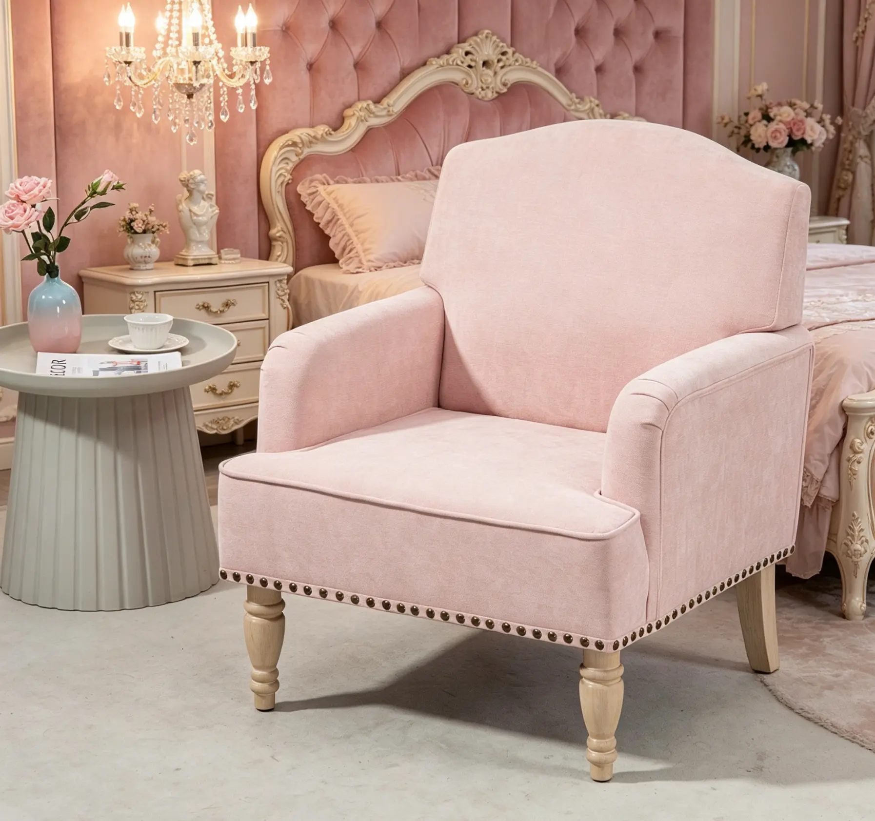 Polyester Single-Seat Armchair - Modern Upholstered, Retro Wooden Legs, Nailhead Trim, High Density, 300lb Weight Capacity, Indoor Home Decor Furniture for Living Room, Bedroom