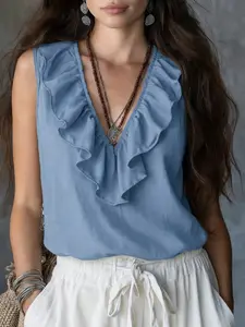 2026 Summer New Ruffle V-Neck Sleeveless Shirt, Solid Color Fashion Top, Elegant Women's Backless Vest, All Seasons Slim-Fit Casual Wear