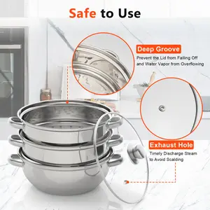 CNCEST 28cm 3-Tier Stainless Steel Steamer Pot Food Steaming Cooking Home Kitchen Daily Meal Prep Durable Multi-functional Dishwasher Safe Home Cooks Chefs Families