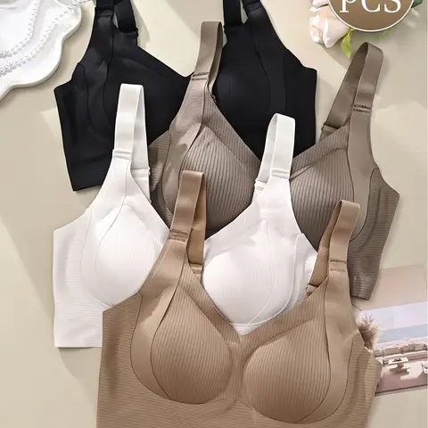 Women's 4-Piece Seamless Wirefree Bra Set - Plain Minimalist V-Neck, Wide Comfortable Shoulder Straps, Gapless Invisibles Form-Fitting Non-Transparent Everyday Bras for Women