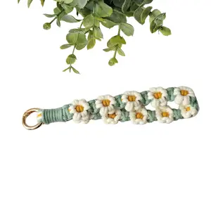 Green and White Flower Macrame Wristlet Keychain