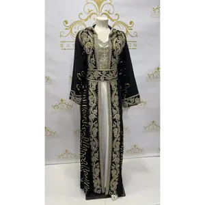 Kaftan Caftan Abaya With Hoody 3 Pcs. Dazzling Sequins Long Sleeve Black & Gold