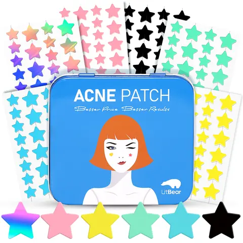 LitBear Star Hydrocolloid Acne Patches - 6 Party-Ready Cute Colors, 168 Dots with Brilliant Adhesiveness, Tea Tree & Centella Oil Infused, Peelable Acne Stickers for Blemish Coverage, Skin Repair & Costume Party Selfcare