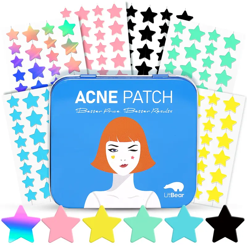 LitBear Star Hydrocolloid Acne Patches - 6 Party-Ready Cute Colors, 168 Dots with Brilliant Adhesiveness, Tea Tree & Centella Oil Infused, Peelable Acne Stickers for Blemish Coverage, Skin Repair & Costume Party Selfcare