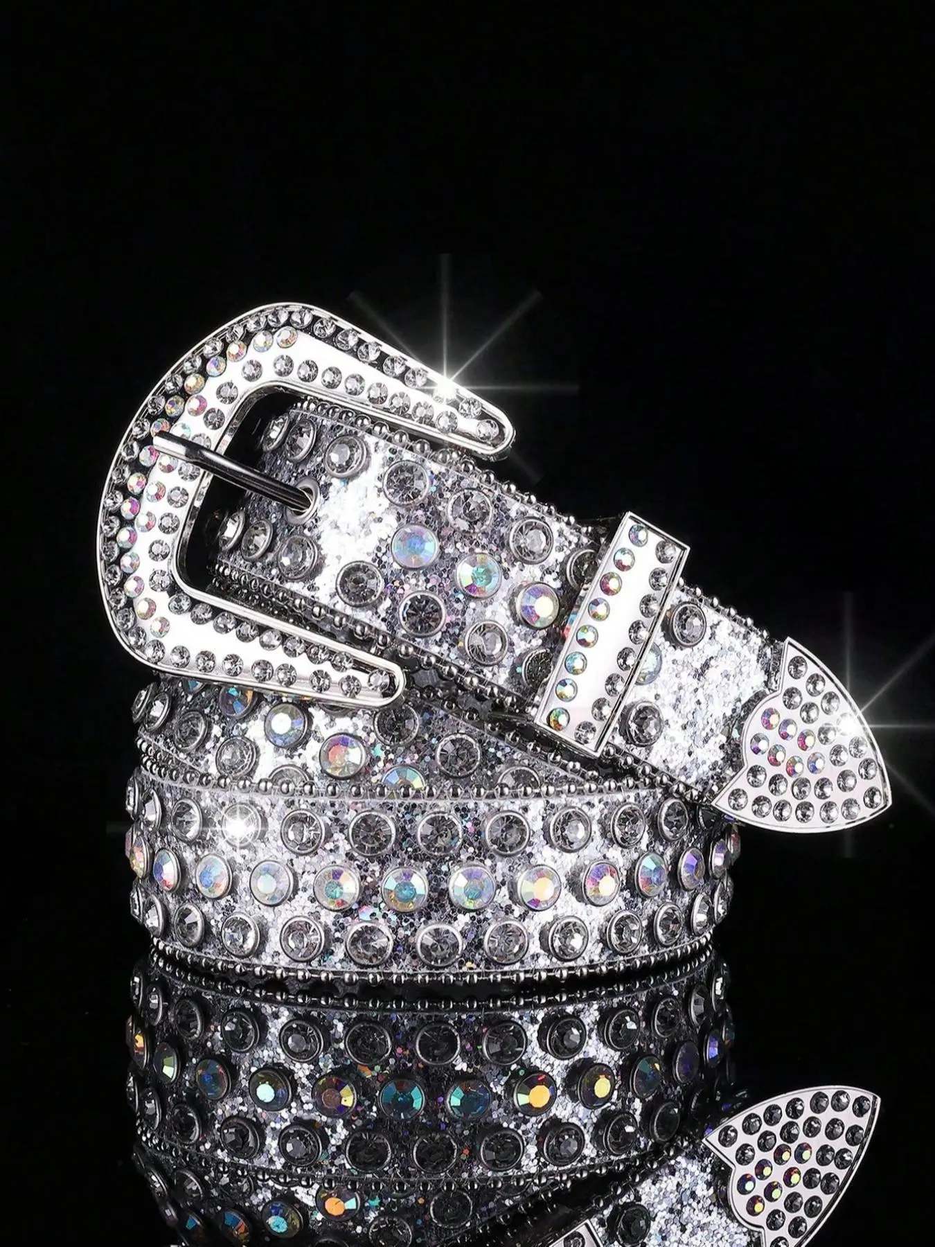 1 Piece Rhinestone Western Buckle Belt, Fashion Holographic Belt, Glitter Punk Waistband for Party, Daily Clothing Decoration, Bling Western Belt, Sparkling Western Belt