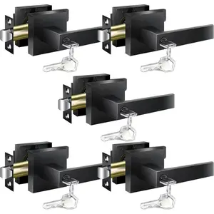 Door Handles Interior, Door Knobs Interior, Black Door Handle with Reversible Lever, Keyed Alike Door Lock Sets for Bedroom, 5 Packs Heavy Duty Door Lock Sets, Matte Black