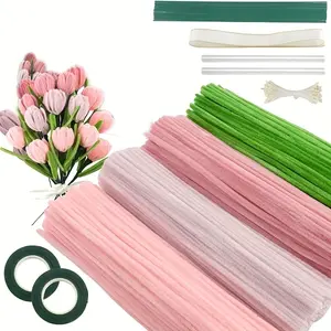 400 Piece Pipe Cleaner Craft Set, Assorted Colors, Chenille Stems for DIY Flower Making Kit, Includes Floral Wire, Gardening Tape, Petals, Ribbons, Handmade Crafts