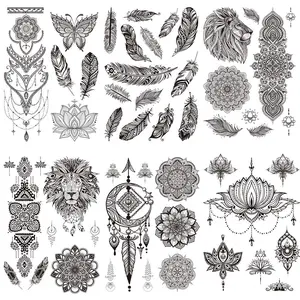 8 Sheets Black Henna Temporary Tattoos for Women Girls - Feather Mandala Flower Tattoo Sticker for Adults Body Art Stickers Lace Indian Mehndi Tatoos