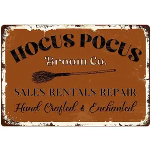Halloween Decorations, Hocus Pocus Broom Co. Funny Metal Tin Sign Art Poster Halloween Decorating For Home Kitchen Porch Yard, 8X12 Inch Vintage Hanging Plaque Door Wall Decor