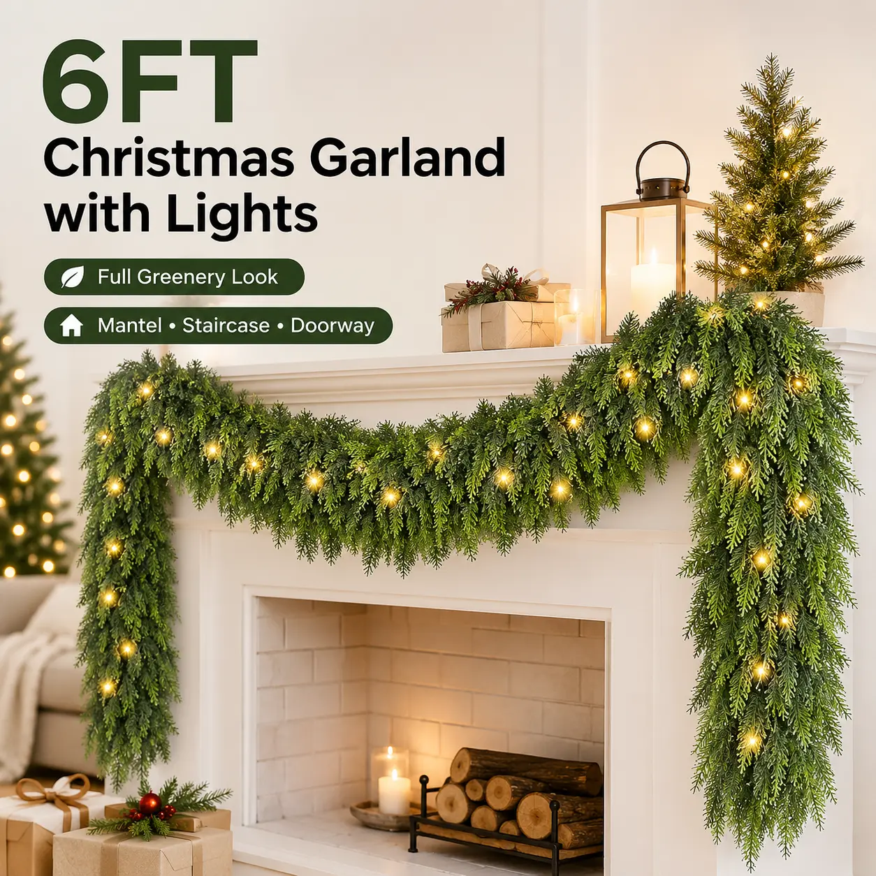 Artificial Cedar Garland Set - 6ft/10ft Lengths, 10ft Warm White Round Globe Star Bulb String Lights, Cozy Flexible Stem Christmas Greenery for Mantel, Stairs Holiday Decor