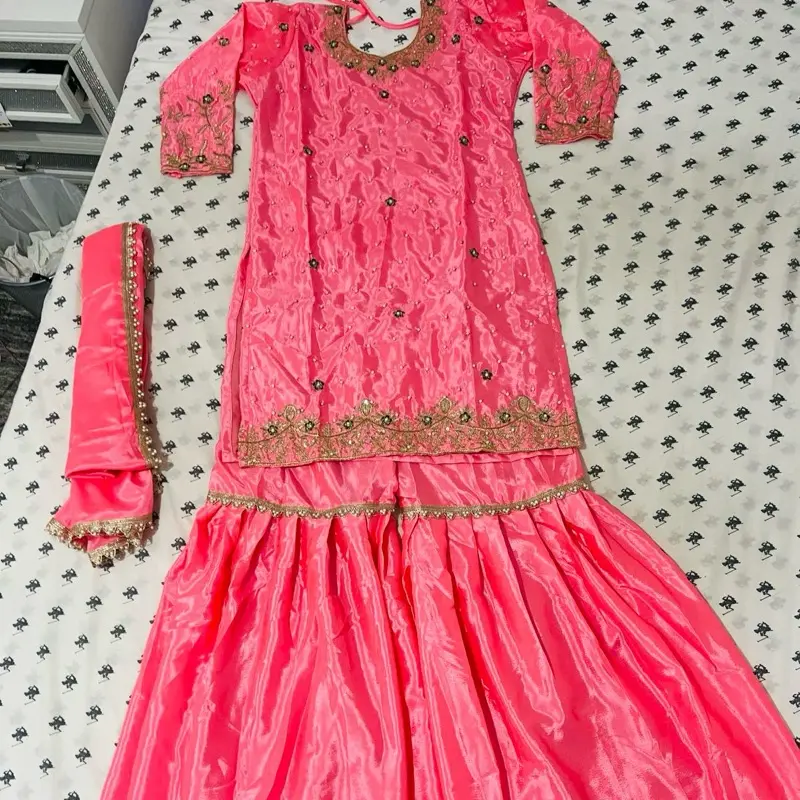 Pakistani Sharara 3 Piece Dress - Pink Casual Women's Wear with Matching Dupatta and Trousers - Womenswear