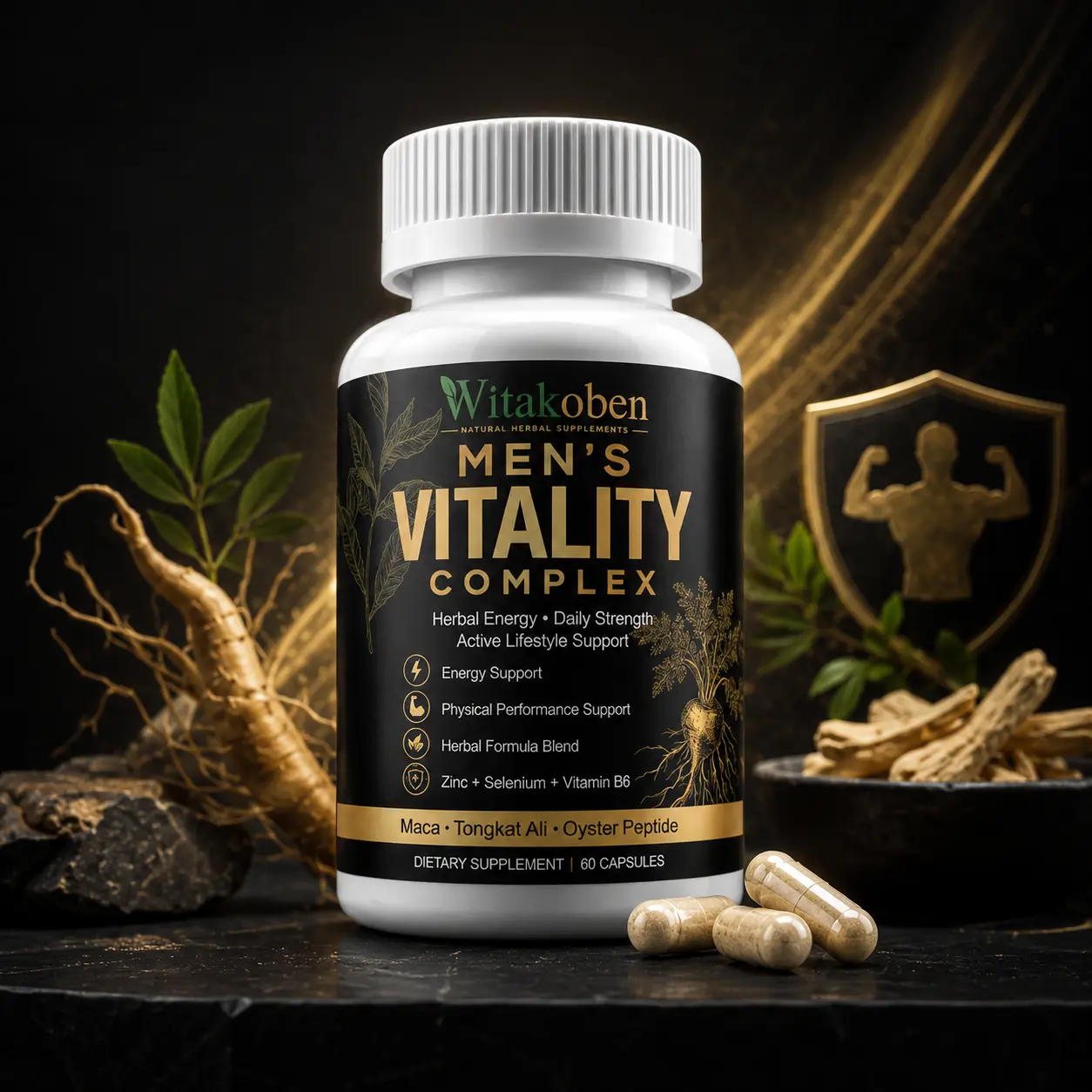 Men’s Daily Energy Support Capsules with Maca Root, Tongkat Ali, Oyster Peptide, Zinc, Selenium & Vitamin B6 for Active Lifestyle, 60 Count