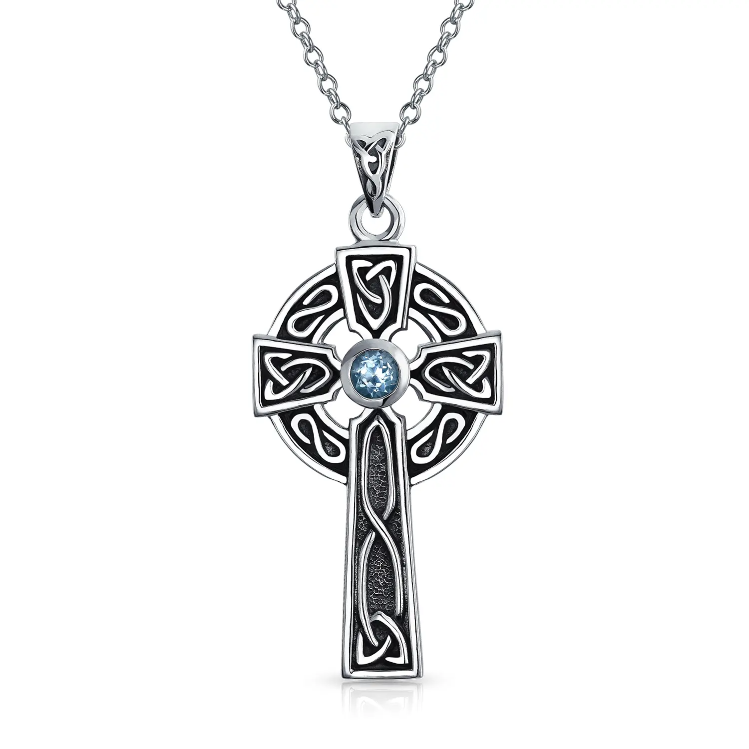 Religious CZ Celtic Trinity Cross Pendant Necklace Oxidized Sterling Silver