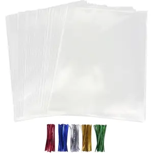 50 count Cellophane Bags, Cello Cellophane  Bags 8x10 Plastic  Bags for Packaging Cookies, Pretzel Rod, Sandwich, Candy, , Clear Party Favor Bags with Ties