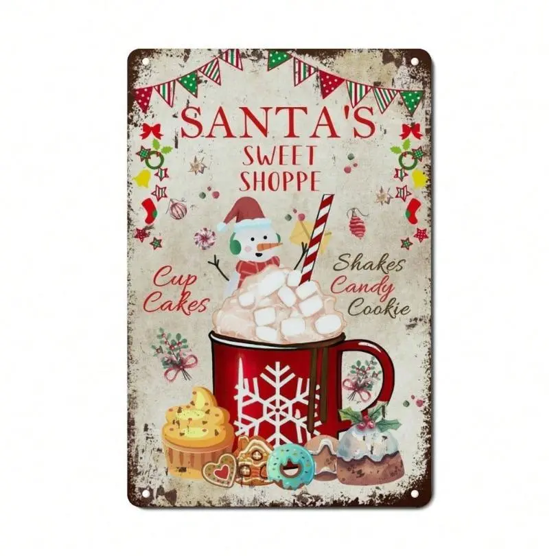 Vintage Christmas Snowman Metal Sign - "Santa's Sweet Shoppe" Festive Wall Decor with Santa Hat, Candy Canes & Cozy Winter Treats - Rustic Tin Art for Home, Kitchen, Bar, Garage - Ideal Gift for Grandma & Bride, Christmas Decorations,room deco