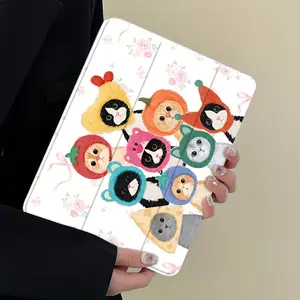 Cute Animated Cat Head Cover Theme Pattern Four-Corner Anti-Fall Tablet Protective Cover With Pen Slot Foldable,Suitable for iPad Mini, Air, Pro 4,5,6,7(2017,2018,2019,2020,2021,2022,2023,2024,2025 models),and Samsung S6,7,8,9,10FE + A7 LTE tablet cases