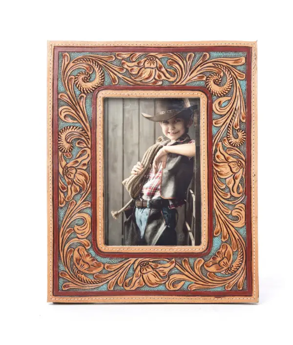 Myra Live Handtooled Leather Vintage Photo Frame - Deep Mahogany, Carved Border, Glass Insert, MDF Backing, Sturdy Picture Holder, Desk Shelf Tabletop Home Decor Display Frame