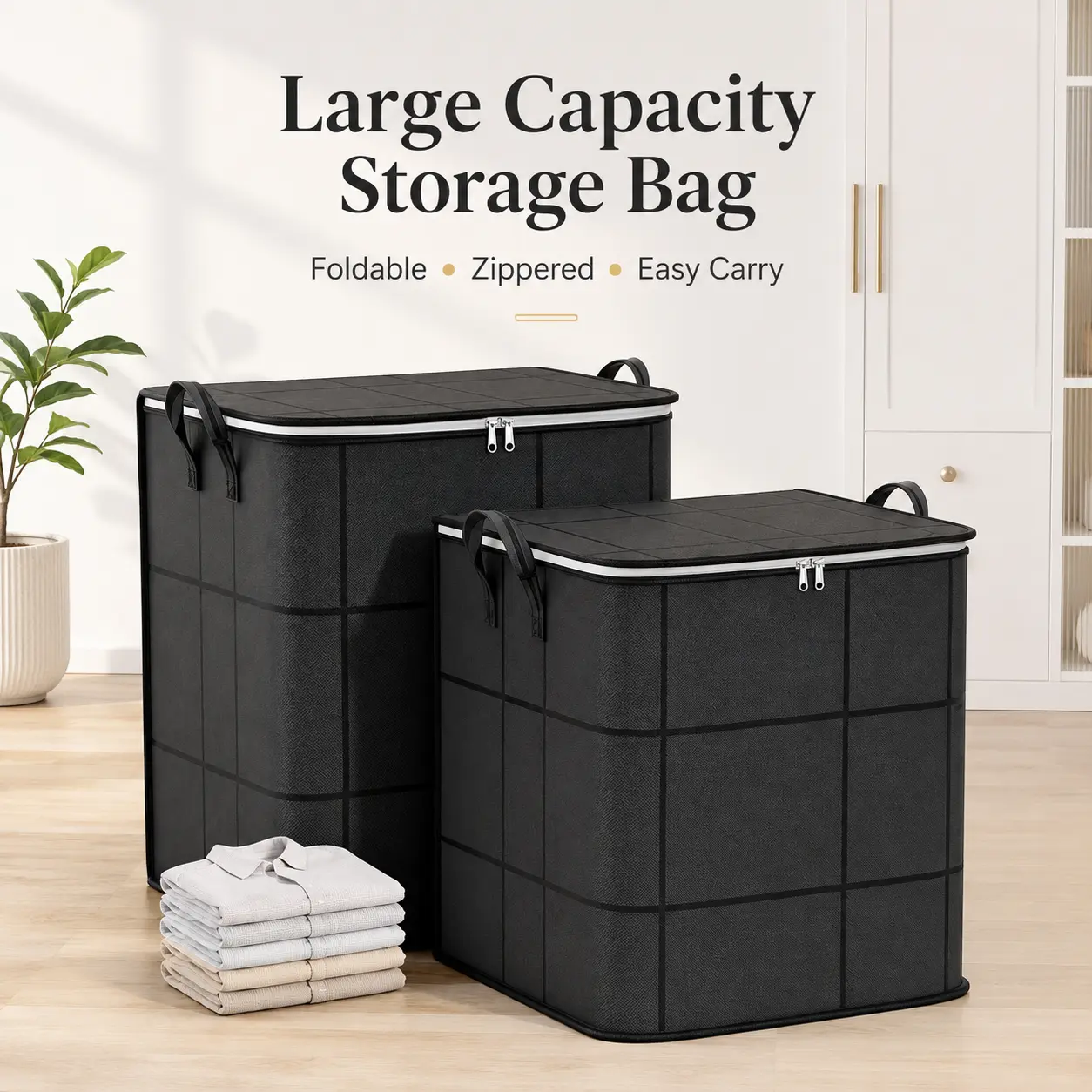 Modern Extra Large Heavy-Duty Zippered Storage Bags with Reinforced Handles, Foldable Water-Resistant Clothes Storage Moving Bags for Blankets, Quilts, Comforters, Under Bed Bins, Organiser, Zippered Bag