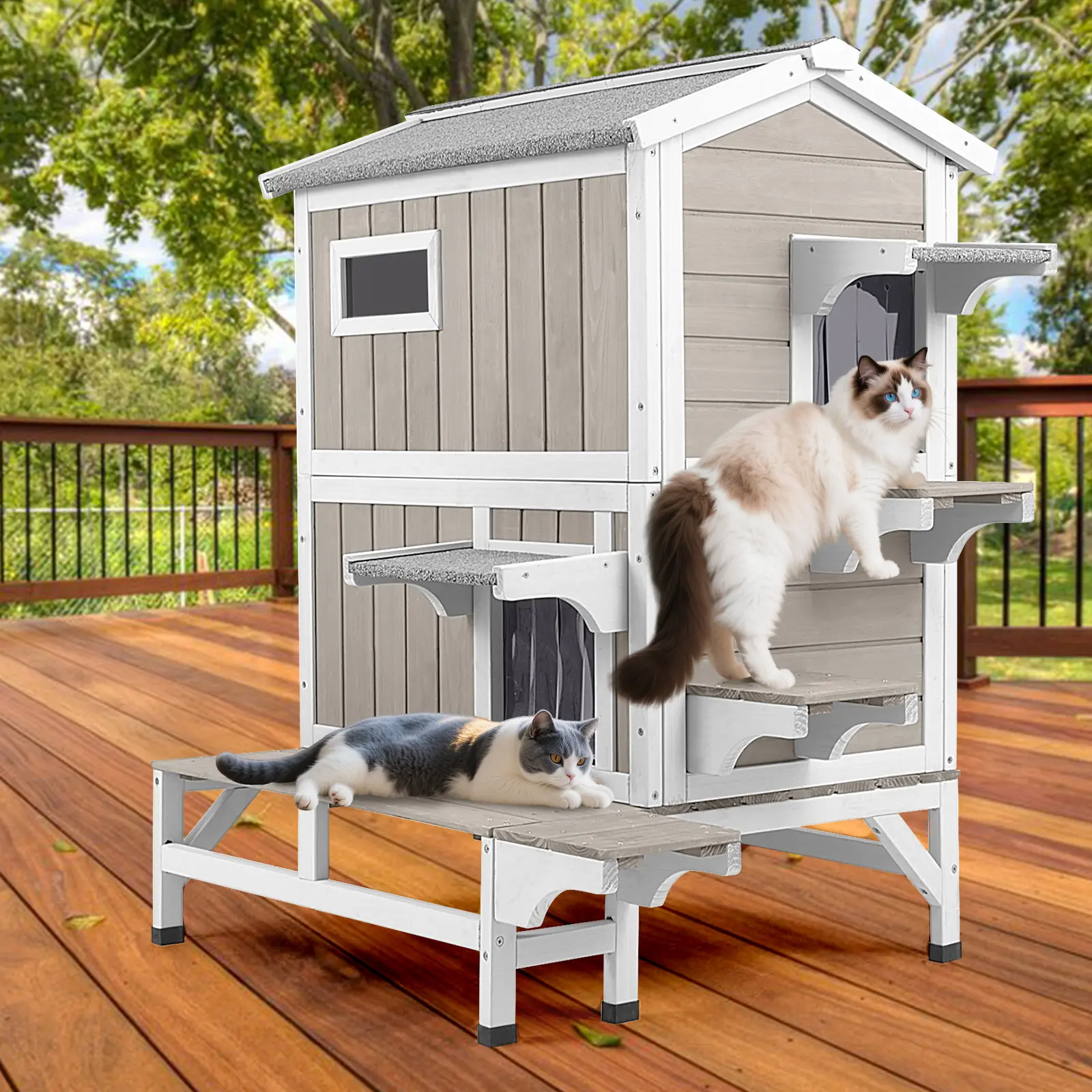 Petscosset 2-Story Dual-Zone Painted Fir Wood Outdoor Cat House, All-Weather Proof Rainproof Sunproof Structure, Visible Side Window, Multi-Level Rest Platforms, Spacious Feeding & Sleeping Area, Solid Finish Indoor-Outdoor Use