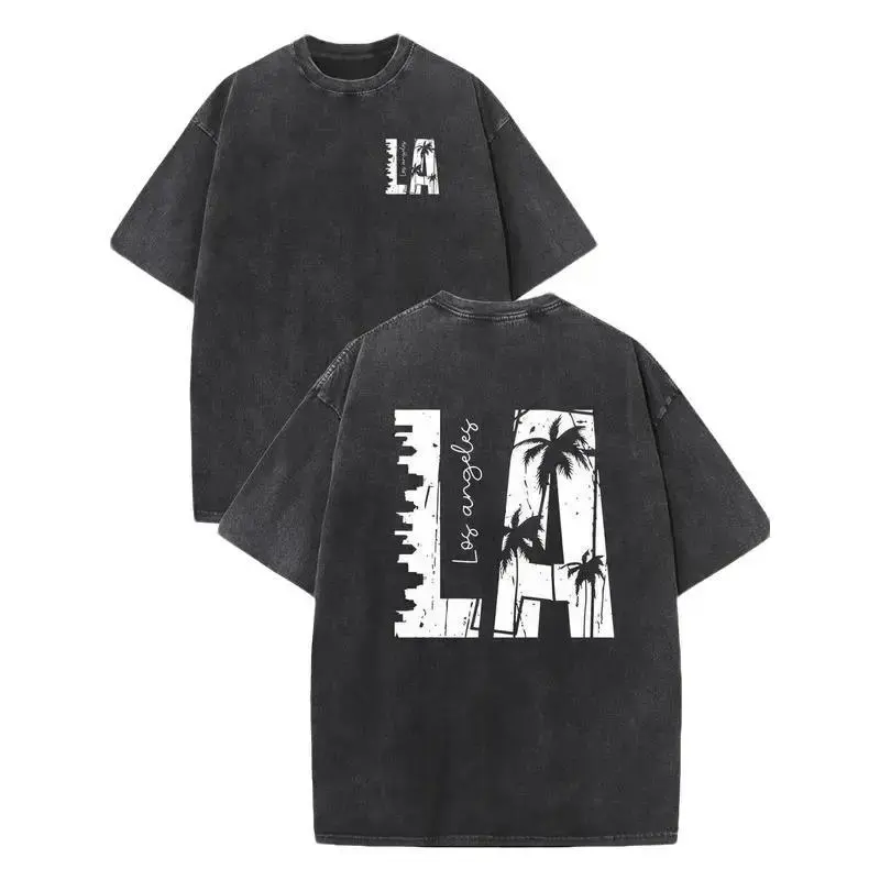 Unisex Los Angeles "LA" Graphic T-Shirt Vintage Washed Retro California Palm Tree Skyline Design Casual Streetwear Oversized Tee