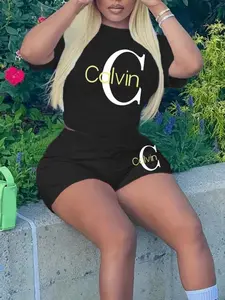 Fashionable Women's Heart Print Letter Pattern Knitwear Set, Regular Length Fitted Tops, Thin Fabric Short Sleeve T-Shirt and Shorts, All Seasons Casual