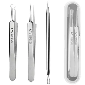 Clear Stainless Steel Blackhead Remover Tweezers Kit - Professional Acne Needle, Pimple Popper Tools with Precision Curved & Straight Tips for Deep Facial Cleansing, Salon-Quality Extractor Set