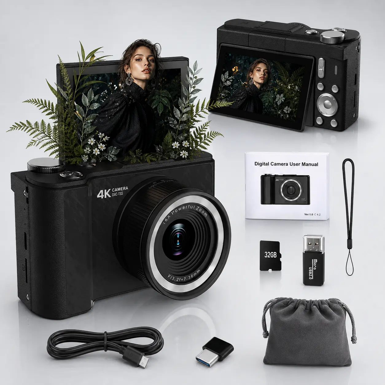 W&O 4K Digital Camera for Photography, 48MP Vlogging Camera with Fill Light, 180° Flip Screen, 16X Digital Zoom, 32GB Card, Compact Point and Shoot Camera for Students, Women and Beginners, Ideal Gift
