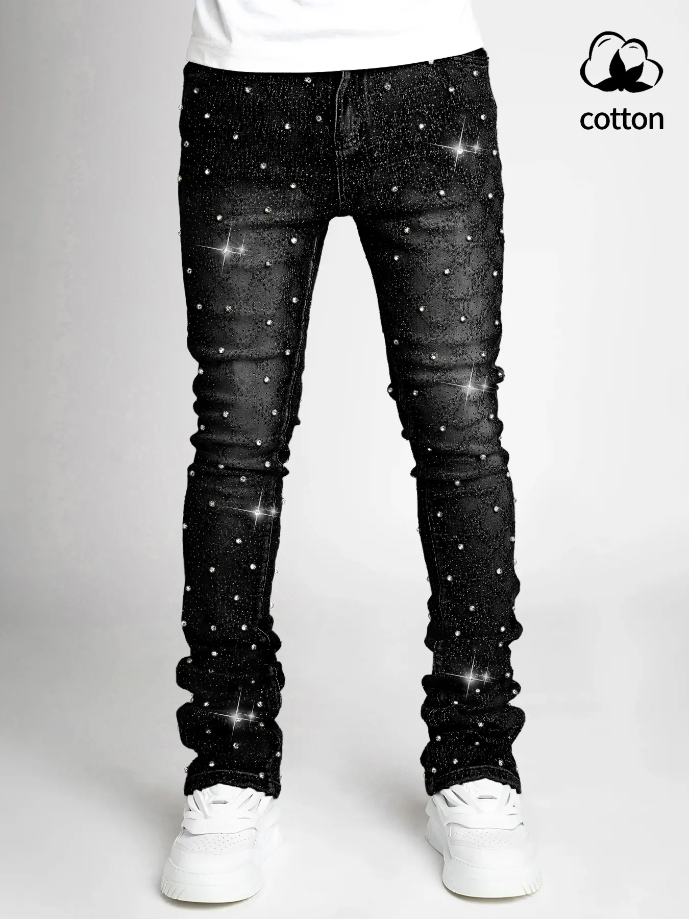 Sparkle Denim Rhinestone Jeans Pants, Denim Trousers, Ombre, High-Waisted Straight Fit, Casual Streetwear Style, Perfect for All Seasons, Comfortable Button Fly Closure, Denim High Rise, Casual Fashion Denim