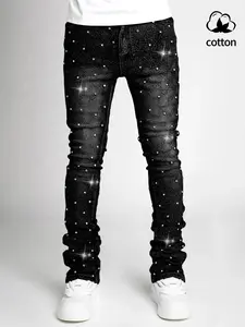 Sparkle Denim Rhinestone Jeans Pants, Ombre, High-Waisted Straight Fit, Casual Streetwear Style, Perfect for All Seasons, Comfortable Button Fly Closure