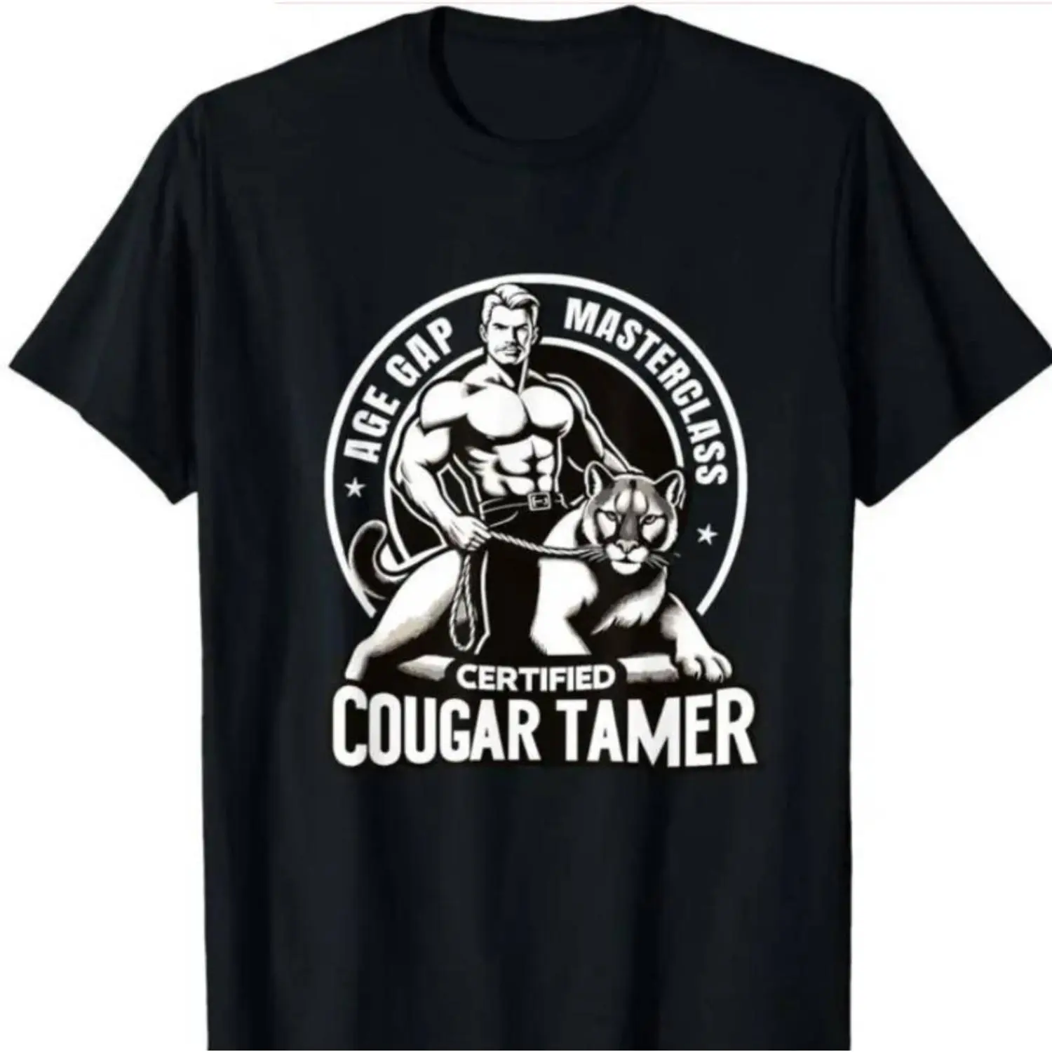 Casual Menswear 'Cougar Tamer' Tee for Men, Sarcastic Funny Gag Shortsleeve Round Neck Shirt for Workouts & Everyday Wear