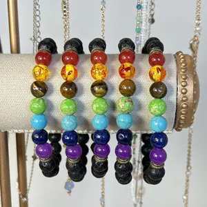 3 Pack - 7 Chakra Crystal Bracelet - Stretchable Bracelet - 8mm Lava Rock & 7 Chakra Gems