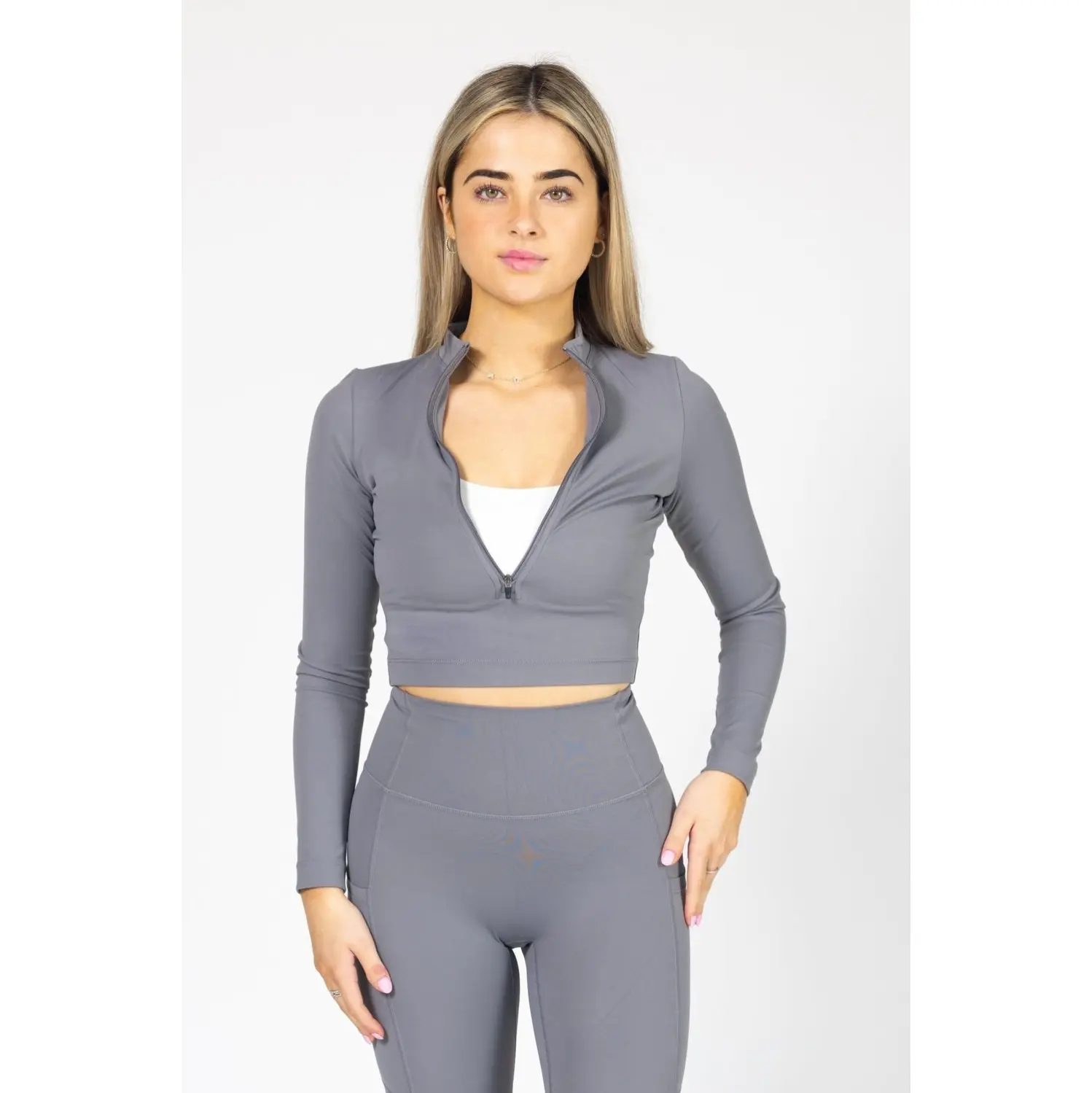 Essential Quarter-Zip Cropped Sweater - Smoke