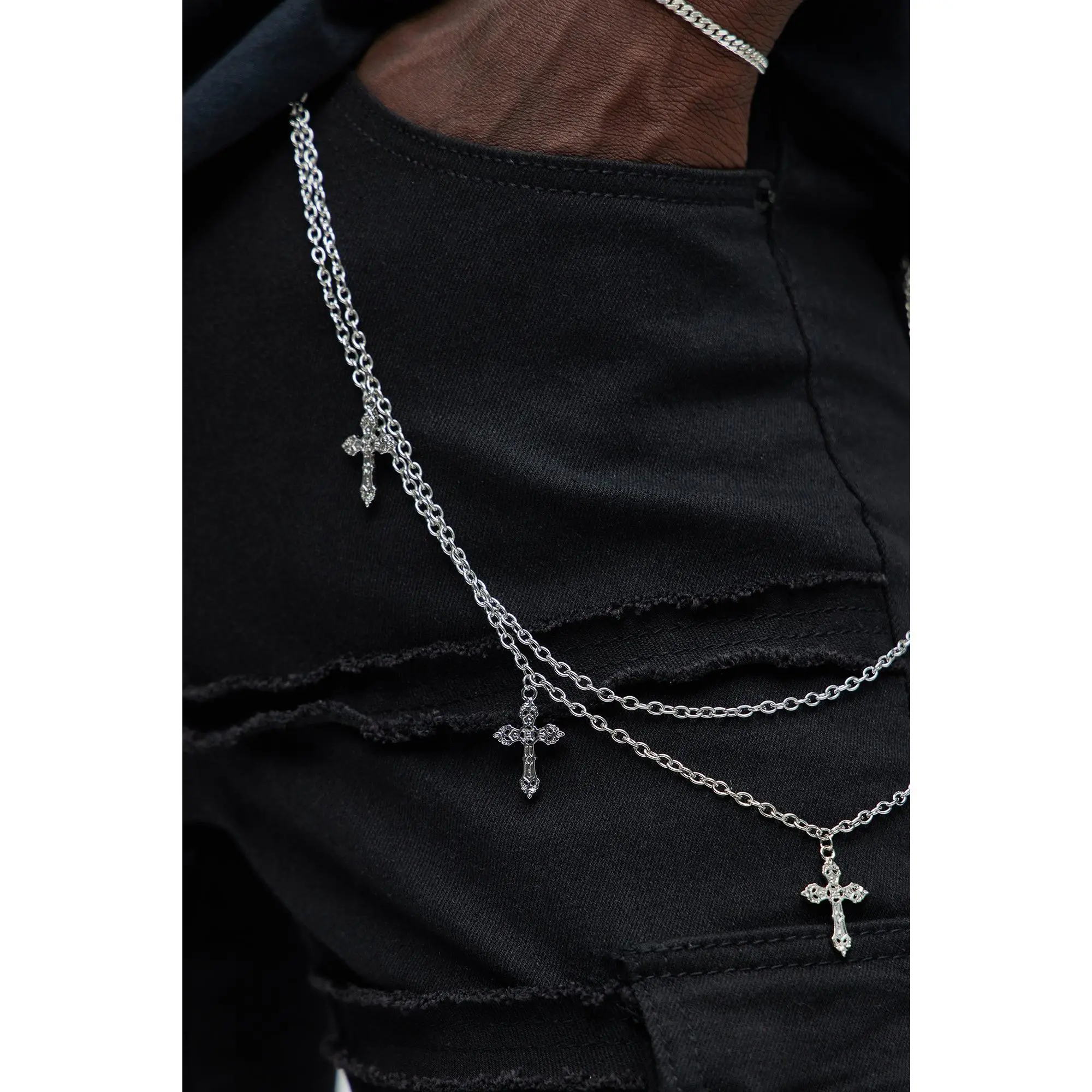 Multi Cross Layered Pant Chain - Silver Multi Cross Layered Pant Chain - Silver
