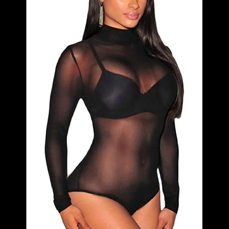 Women See Through Mesh Sheer Body Suit Girl Tops,Black Silk Contrast Bodysuit,Long Sleeved High Neck Piece for Lady Thong Seamless Fishing Net Clubwear Leotard,Fajas Para Mujer,Midnights Lingerie Underwear Women's Sheer