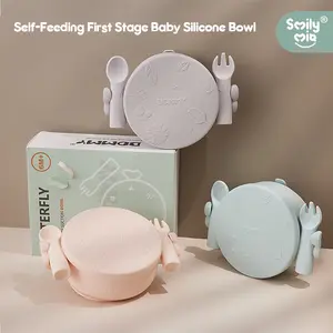 Dommy Suction Bowl Self-Feeding Babies with Lid,Fork and Spoon, Food-Grade Silicone, Stain-Resistant, Butterfly Handle Design, 100% BPA-Free & Chemical-Free