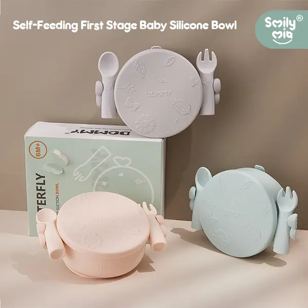 Dommy Suction Bowl Self-Feeding Babies with Lid,Fork and Spoon, Food-Grade Silicone, Stain-Resistant, Butterfly Handle Design, 100% BPA-Free & Chemical-Free