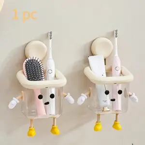 Cute Kawaii Cartoon Toothbrush Holder Wall Mounted. Funny Clear Bathroom Organizer Vanity Storage Box for Makeup Brushes Comb. No Drill Adhesive Home Decor Kids Dorm Desk Gadget Bathroom Accessory. #bathroomdecor #kawaii