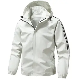 Jacket Men's White Hooded Windbreaker: Black Striped Side Drawstring Cuff Lightweight Outdoor Casual Coat