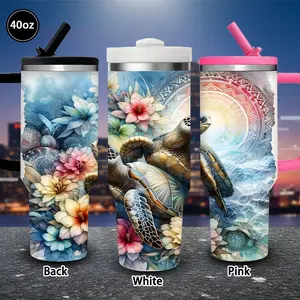 1 pc 40 oz Mystical Sea Turtle and Floral Pattern Tumbler with lid and straw, winter insulated travel mug, gift for women and men, ideal for Valentine’s Day, Easter, birthday gifts, iced/hot coffee cup