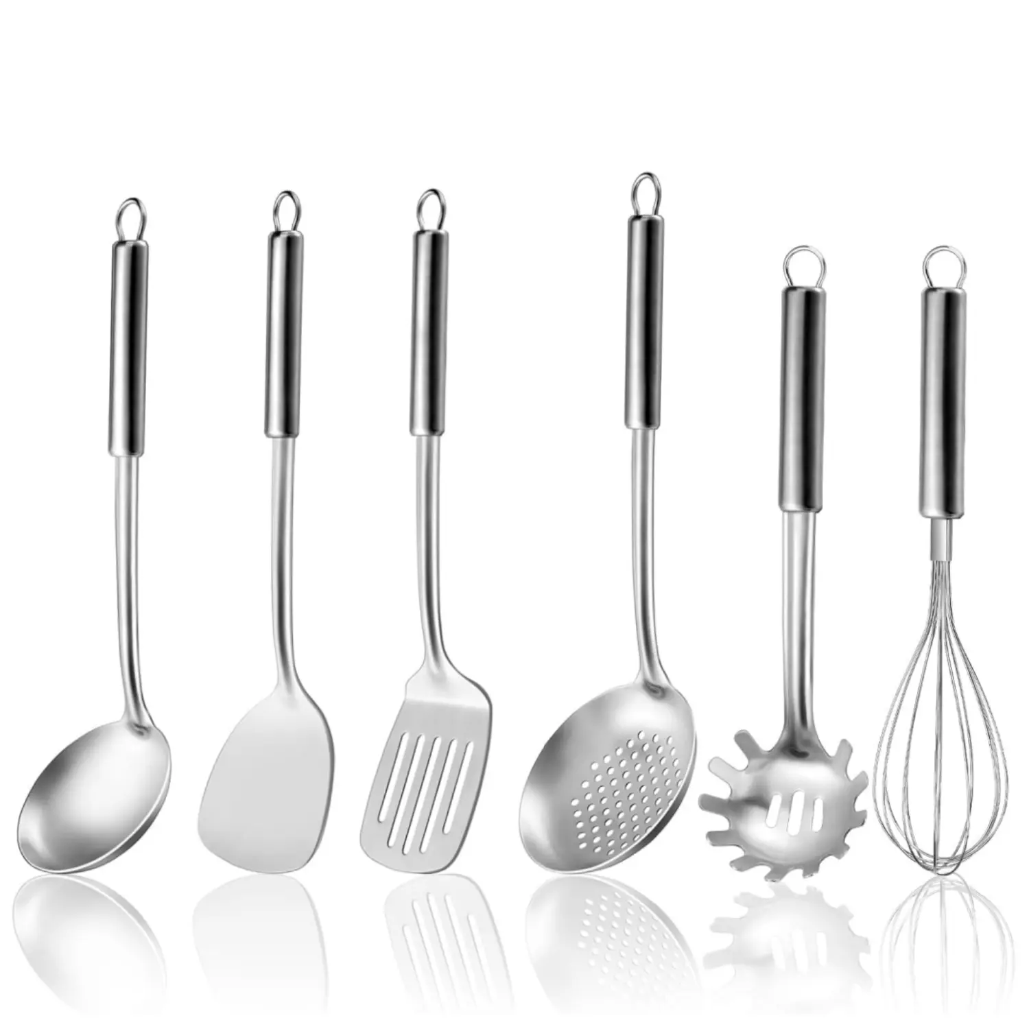 6PCS Kitchen Cooking Utensils Set, Stainless Steel Kitchen Utensils with Suspendable Handle, Spatula, Slotted Turner, Soup Ladle, Slotted Spoon, Whisk, Pasta Server, Dishwasher Safe