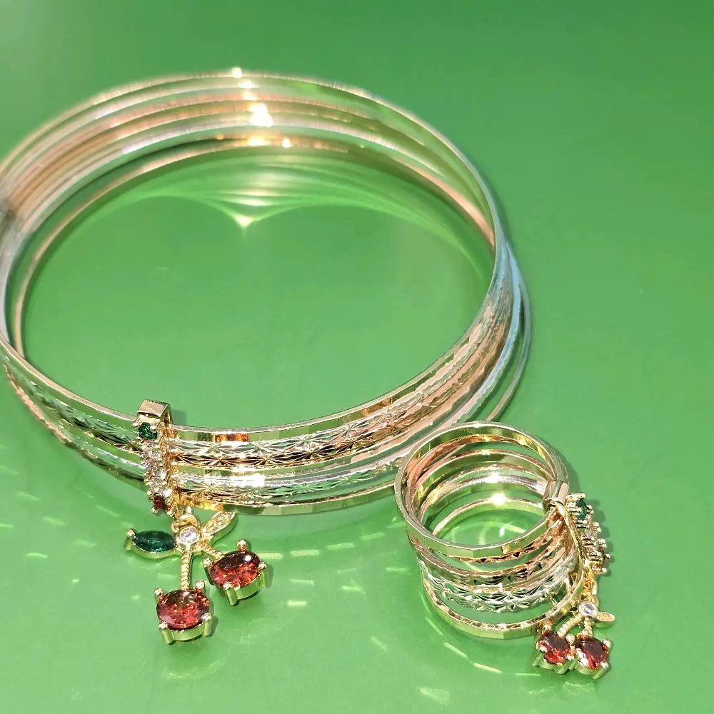 B10-7days set ring #8 & Bracelet Semanario with 2.5 Plus Inches in Diameter red cherry design water resistant Gold-filled