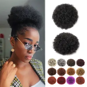 Afro Puff Drawstring Ponytail Bun Extension Short Kinky Curly Fluffy Afro Bun Wrap-Wig for Black Women Men Natural Hair Clip On Kinky Drawstring Curly Ponytail Bun elastic
