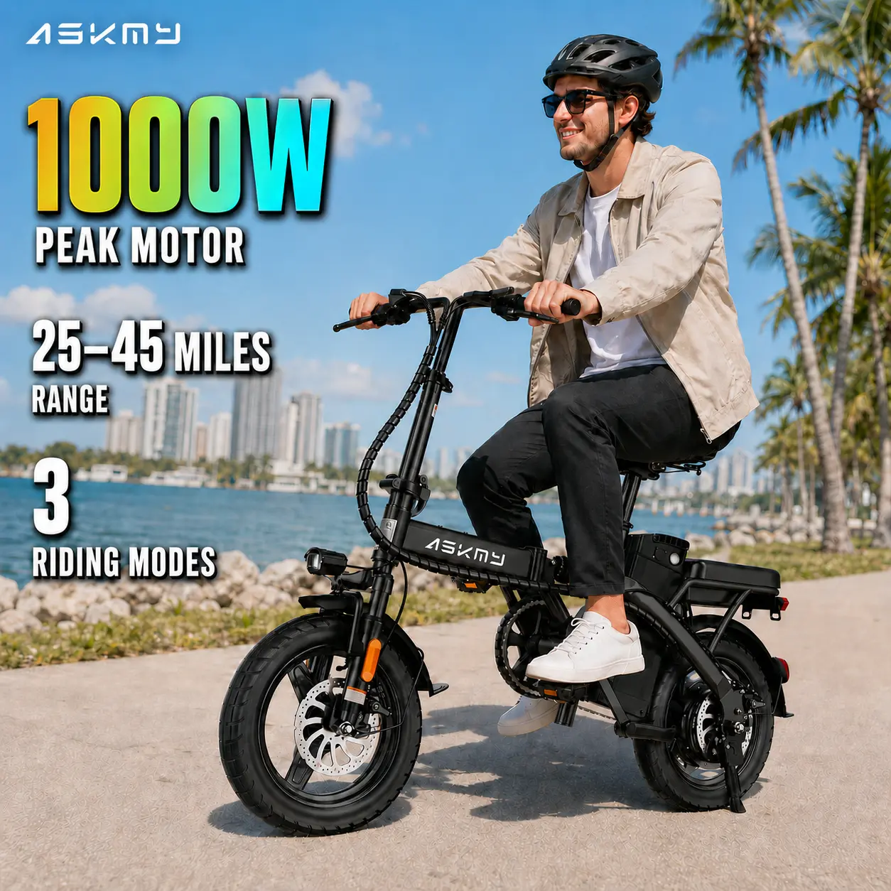 ASKMY E14 Electric Bike | Peak 1000W Motor | 48V 20Ah Removable Battery | 14" Tubeless Tires | 30–60 Mile Pedal Assist Range | Front and Rear Dual Disc Brake System | Foldable Design | Two-Seater Model