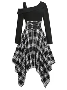Women's Plaid Print Lace Up Asymmetrical Neck Dress, Elegant Classy Long Sleeve Midi Hem Dress for Spring & Fall, Women's Clothing for Daily Wear
