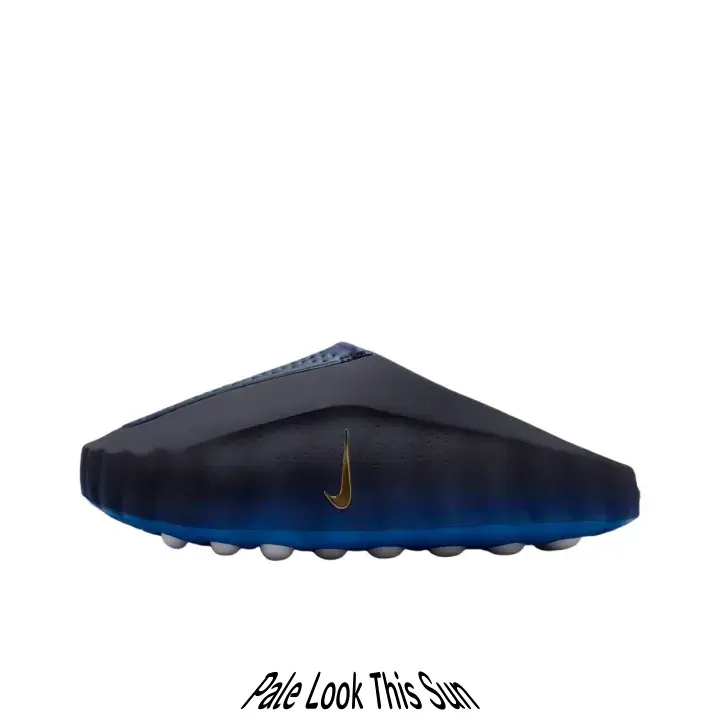 Streetwear casual slides crafted from smooth molded foam upper, sleek black contrasted by vivid gradient blue traction base, wavy rugged silhouette that elevates every dark techwear street outfit