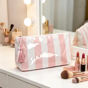 Waterproof Striped Cosmetic Bag for Women Portable Makeup Pouch Travel Toiletry Organizer Zipper Storage Bag Miffy Leather Pen