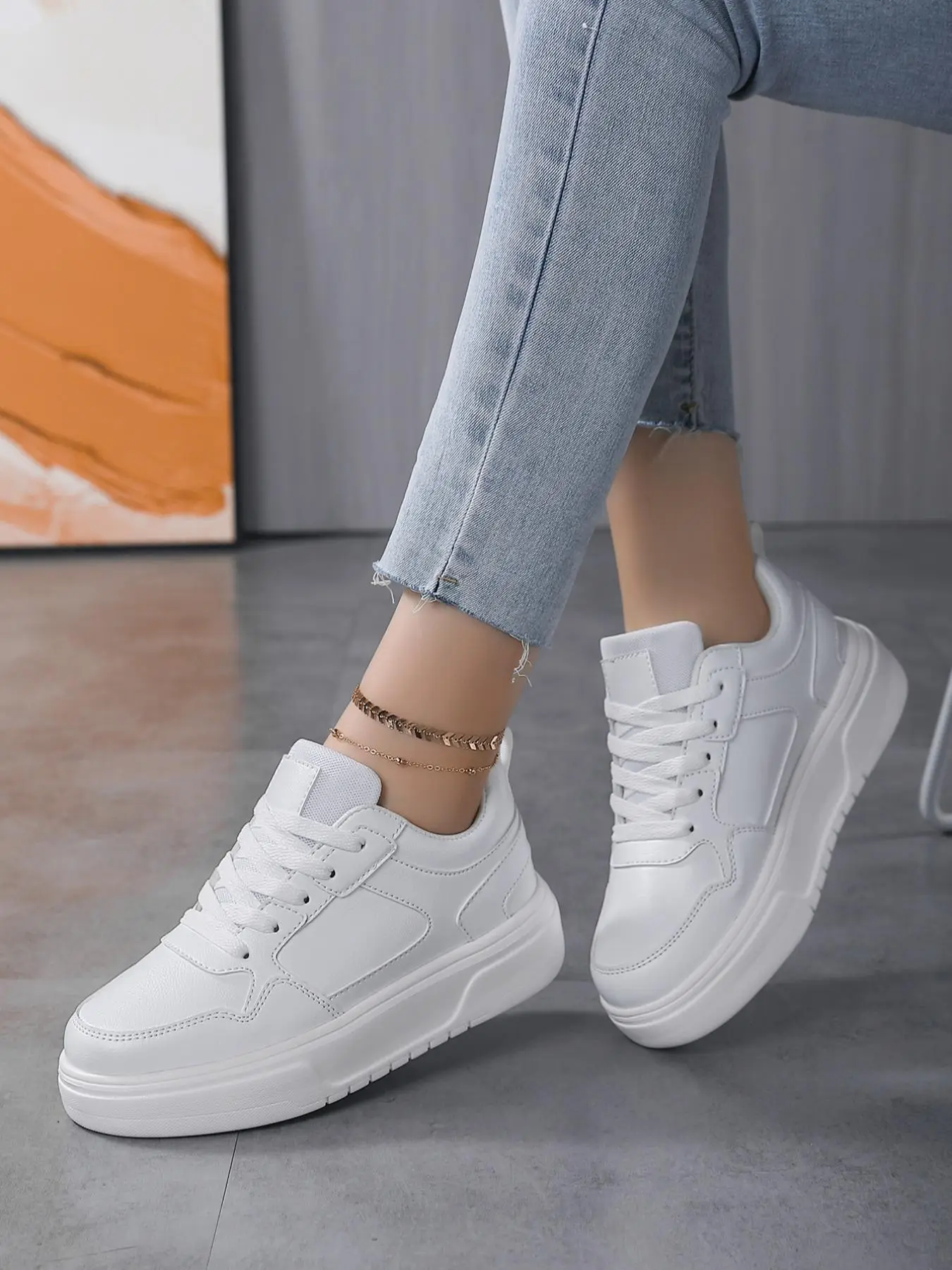 Women's Minimalist Summer Plain Round Toe Lace up Front Low Top Platform Skate Shoes, Versatile Skate Shoes for Daily Wear, Outdoor Sports Hiking Walk